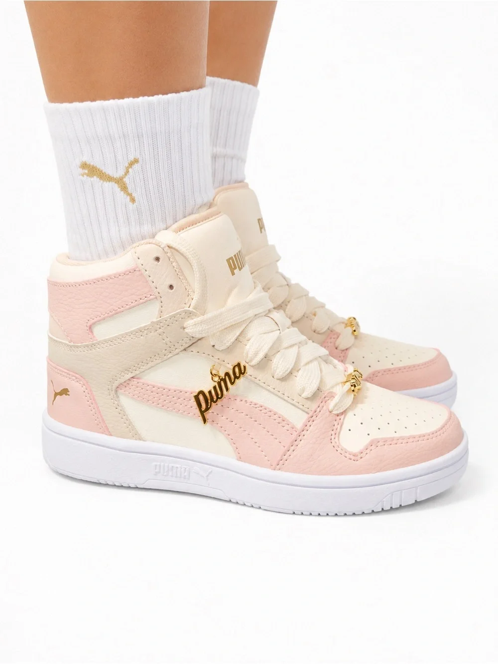 PUMA Pearls & Gold Youth Girls Size 4 High-Top Sneakers in Cream & Blush Pink